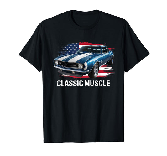 Patriotic USA Retro Flag Classic Vintage Muscle American Car T-Shirt