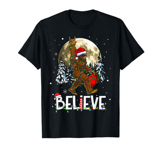 Funny Christmas Xmas Bigfoot Believe Sasquatch in Moon Light T-Shirt