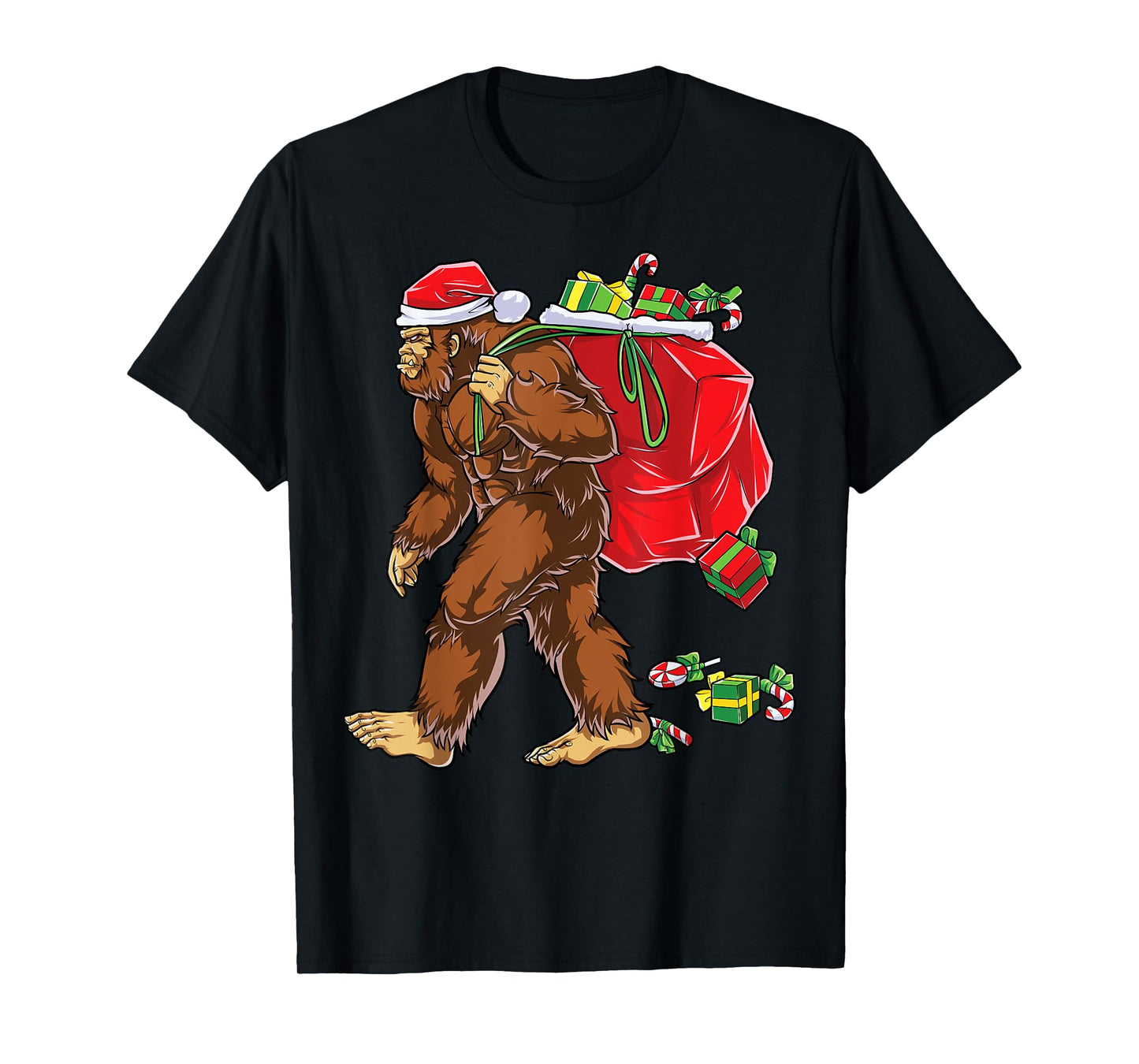 Bigfoot Santa Carrying Christmas Bag Xmas Hat Sasquatch Men T-Shirt
