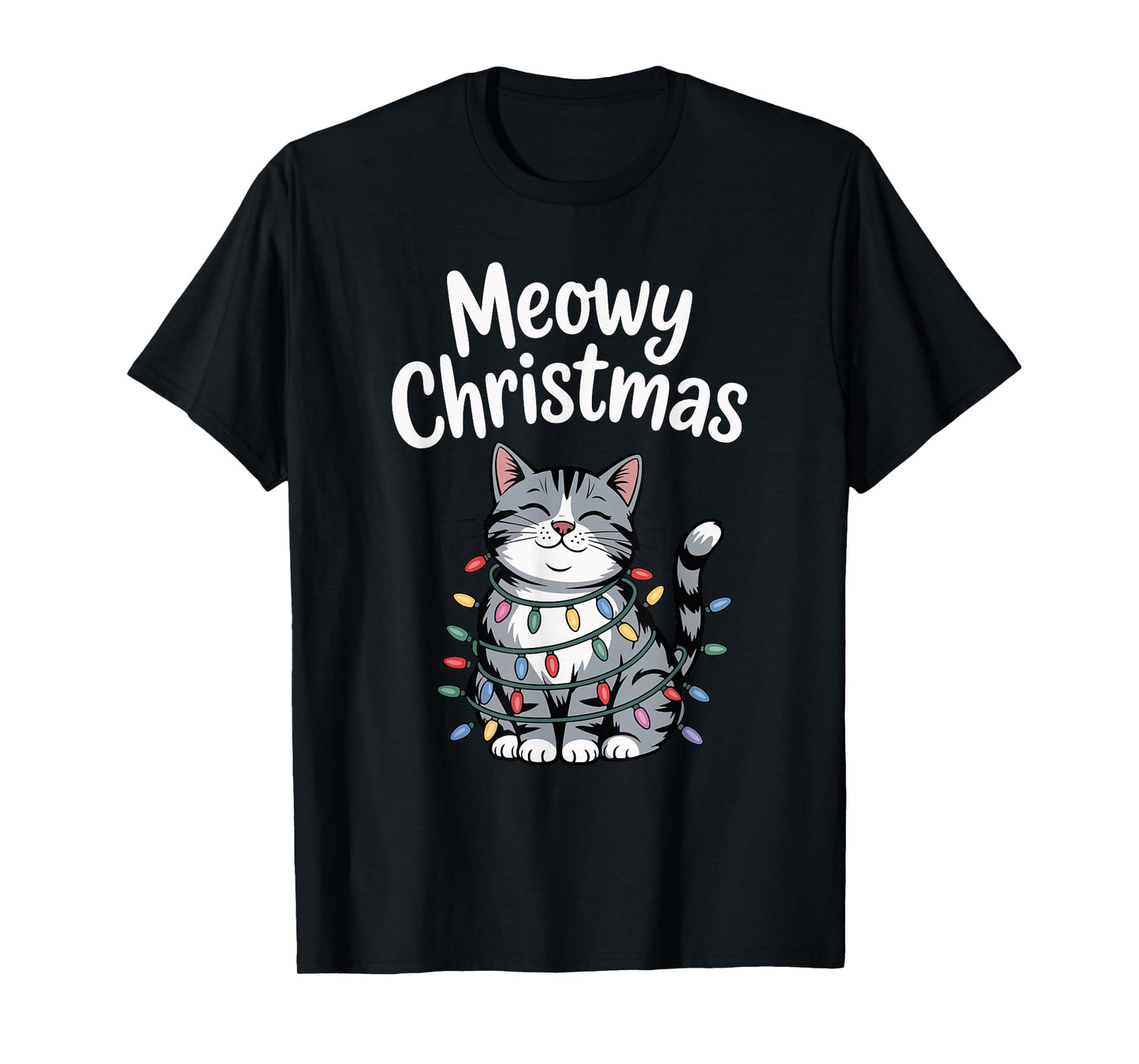 Meowy Christmas Cute Gray Tabby Cat Holiday Lights T-Shirt