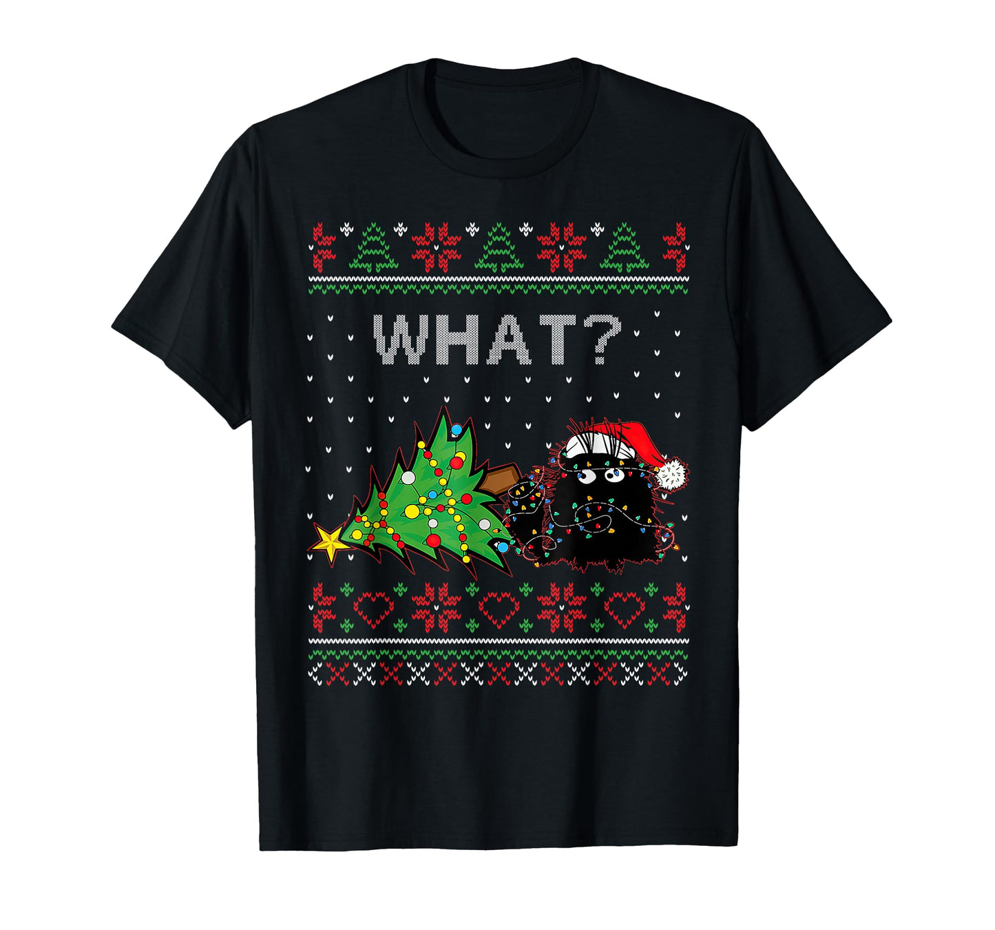 Funny Black Cat Gift Pushing Christmas Tree Over Cat What? T-Shirt