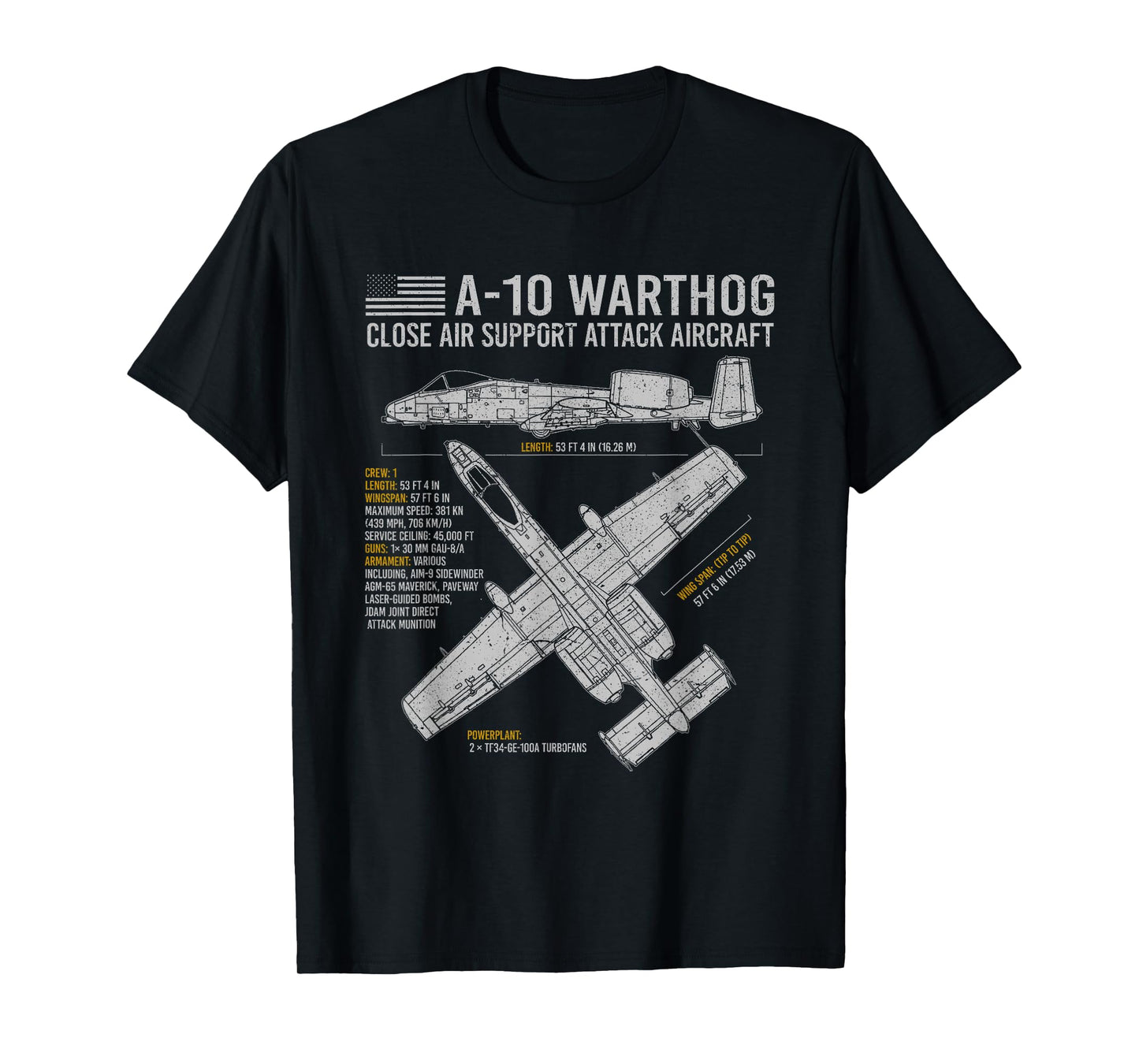 Aviation Geeks Store A-10 Warthog Thunderbolt II Aircraft Airplane Blueprint Fact T-Shirt