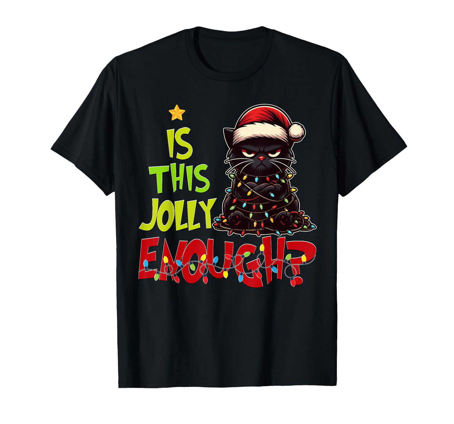 Black Cat Christmas Tree Lights Cute Santa Hat Xmas T-Shirt