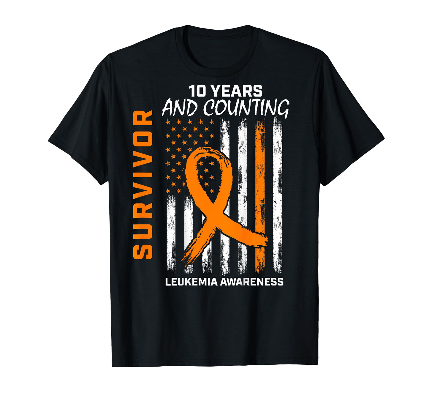 10 Year Cancer Survivor Leukemia Awareness American Flag T-Shirt