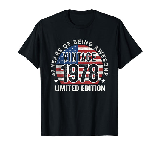 47th Birthday Gifts Men Vintage 1978 47 Years Old USA Flag T-Shirt