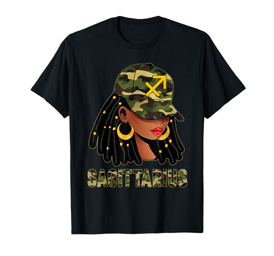 Sagittarius Queen Loc'd Hair Black Woman Camo Cap Zodiac T-Shirt