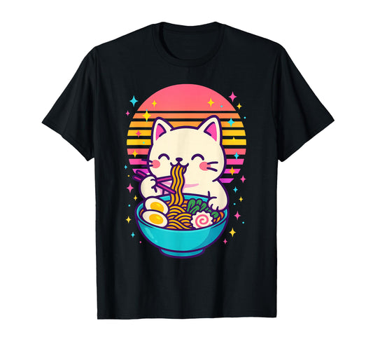 Anime Cat Eating Ramen Japanese T-Shirt