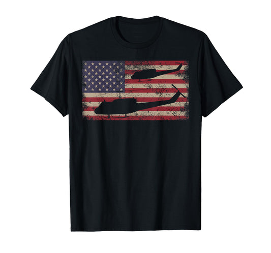 UH1 Huey Helicopter USA American Flag T-Shirt