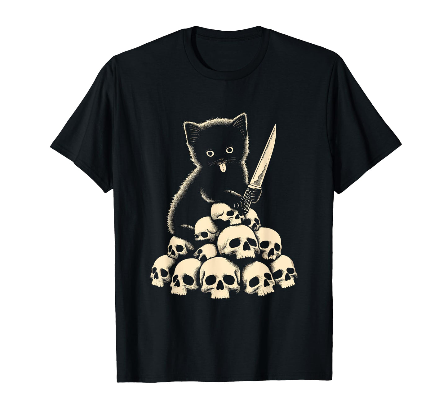 Cute Cat With Knife And Skulls - Spooky Halloween Costume T-Shirt for Men Women