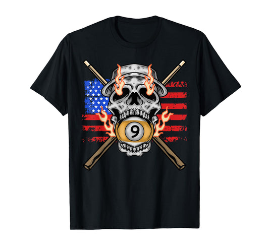 9 Ball Billiard Pool Player American Flag Skull Billiards T-Shirt
