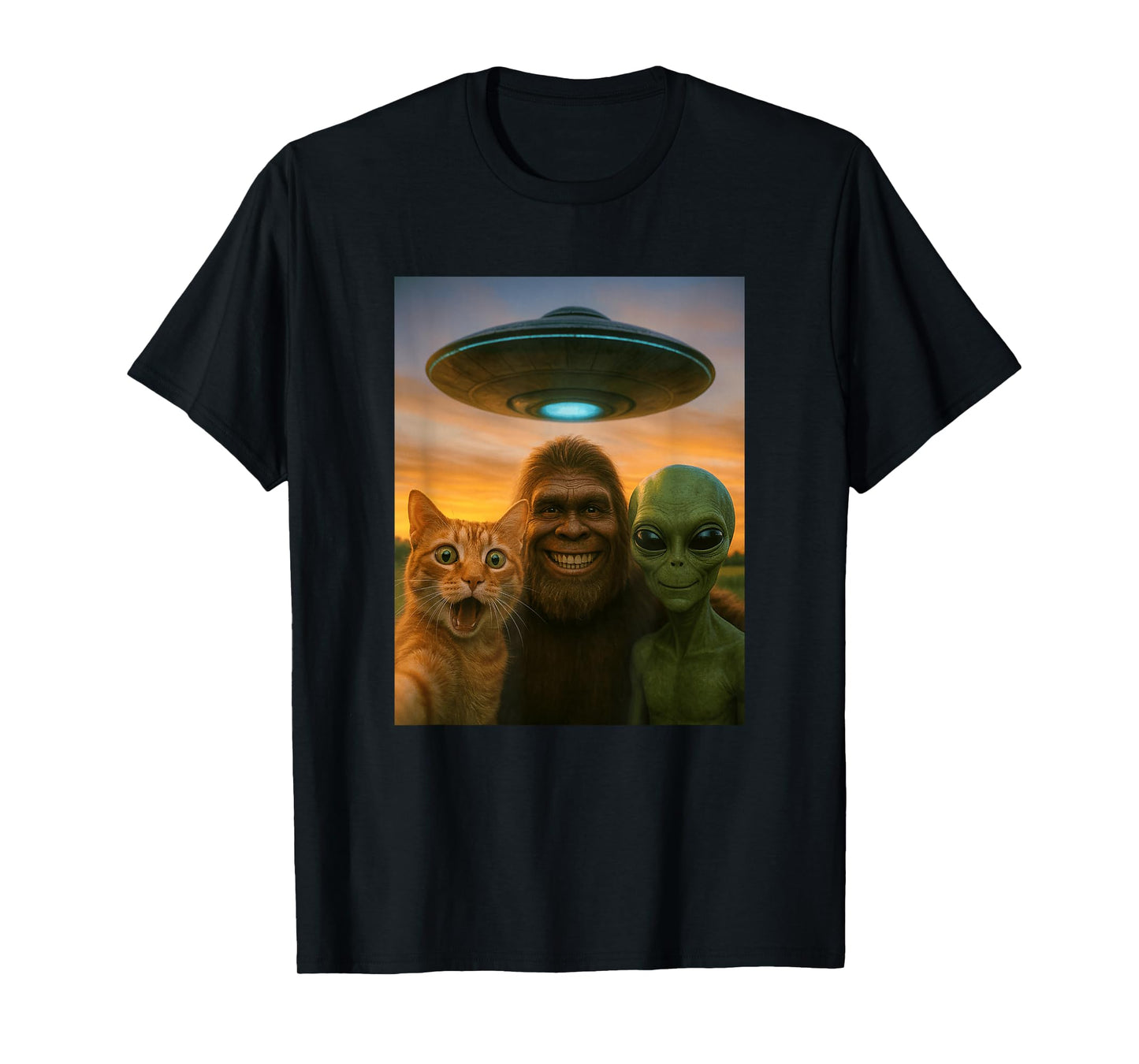 Orange Cat Selfie Bigfoot UFO Alien T-Shirt