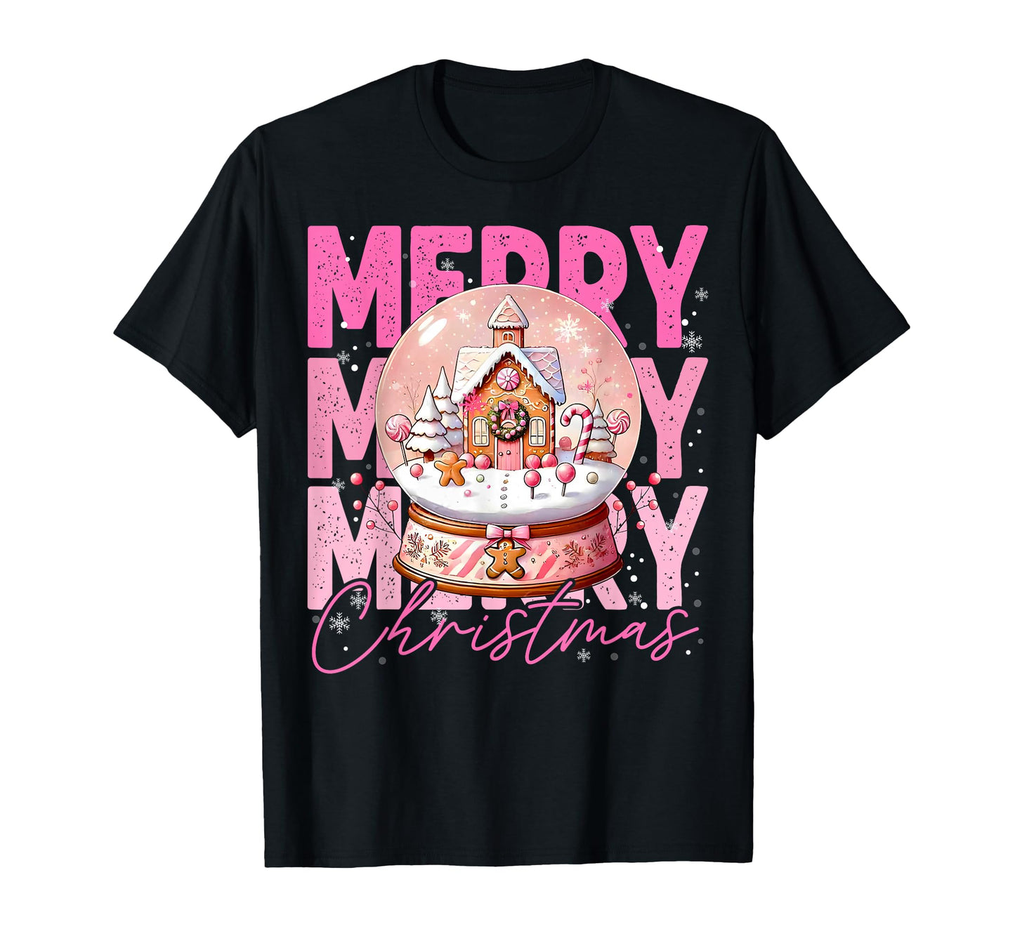 Cute Merry Christmas Snow Globe Pink Gingerbread House Xmas T-Shirt