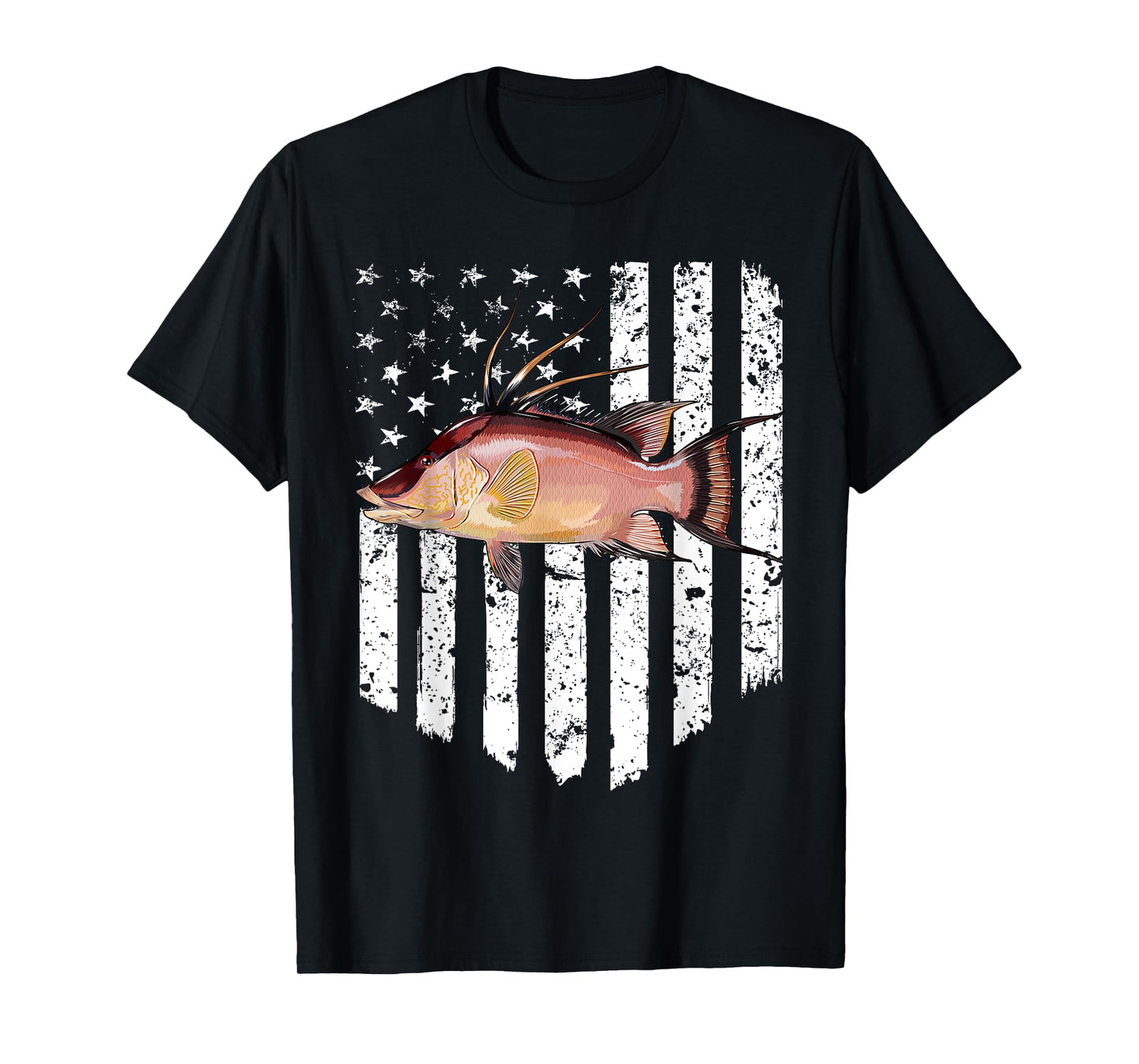 Black White American Flag Hogfish 4th Of July Fish Women Men T-Shirt