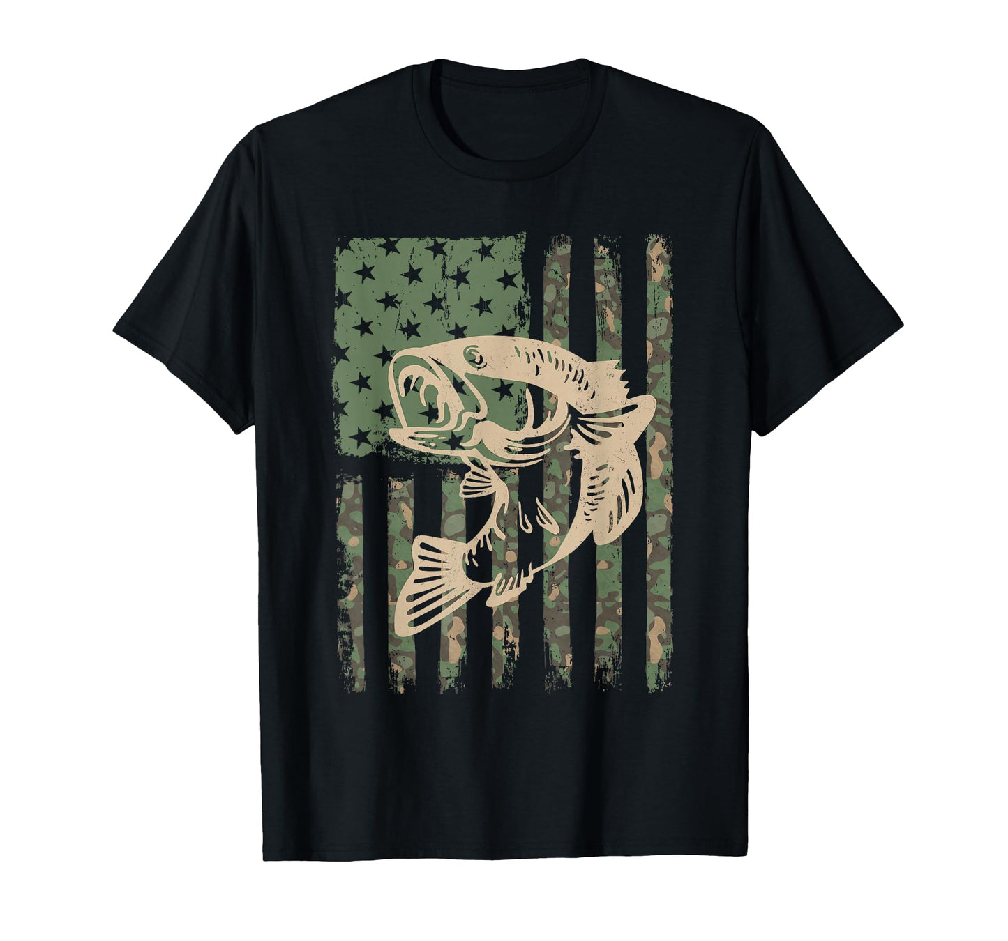 Camouflage USA Flag Big Mouth Bass Fishing T-Shirt