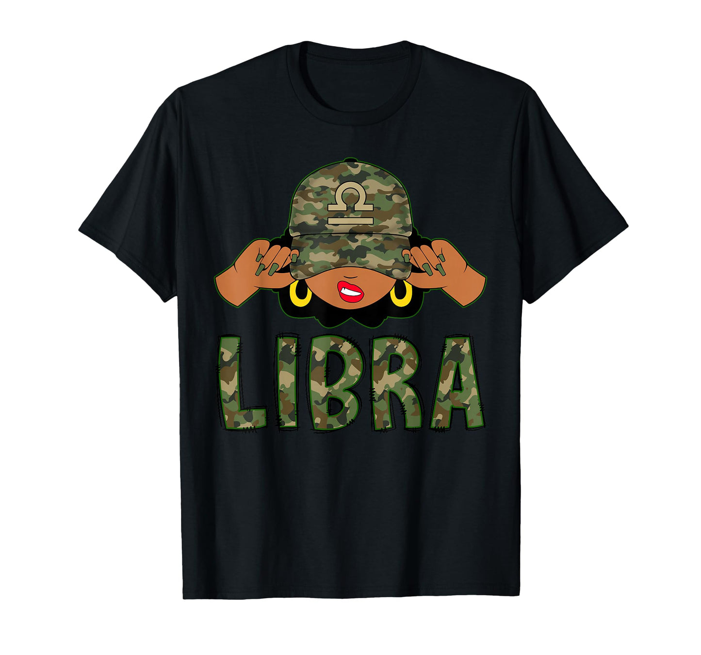 Libra Queen Black Woman With Camo Cap Afro Girl Zodiac T-Shirt