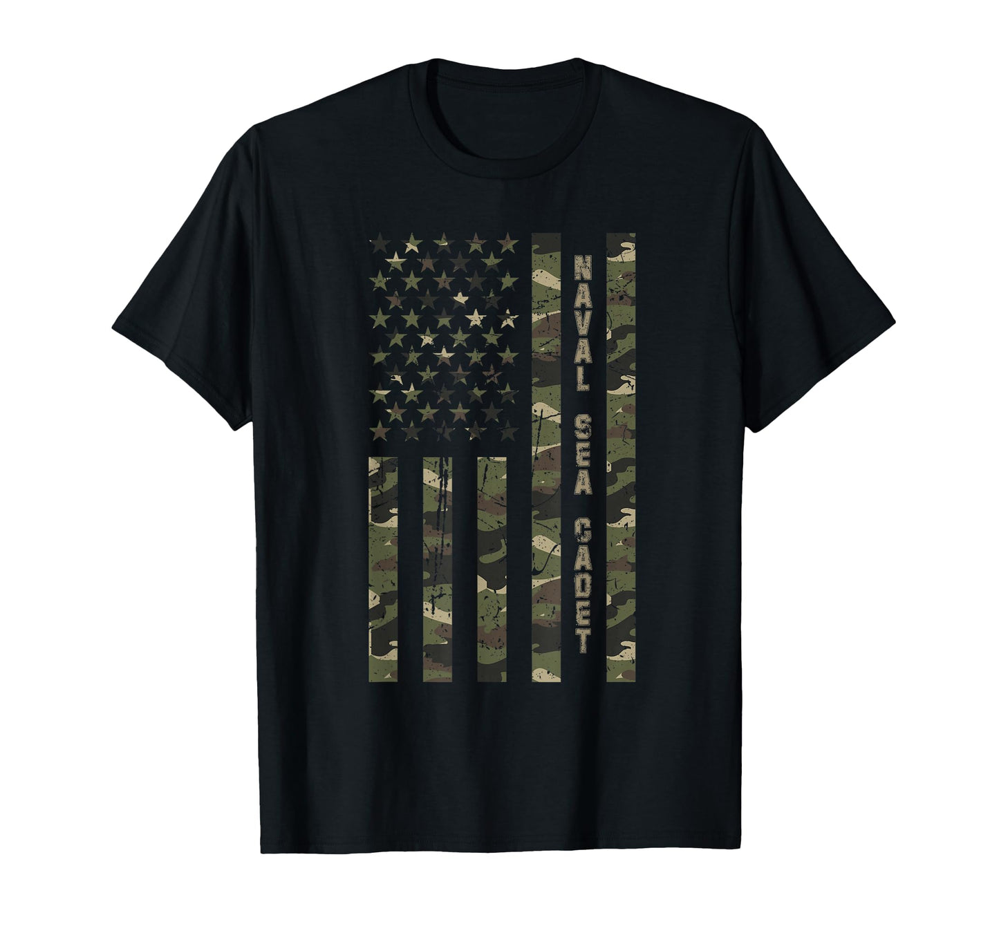 Naval Sea Cadet United States Distressed Camo w US Flag T-Shirt