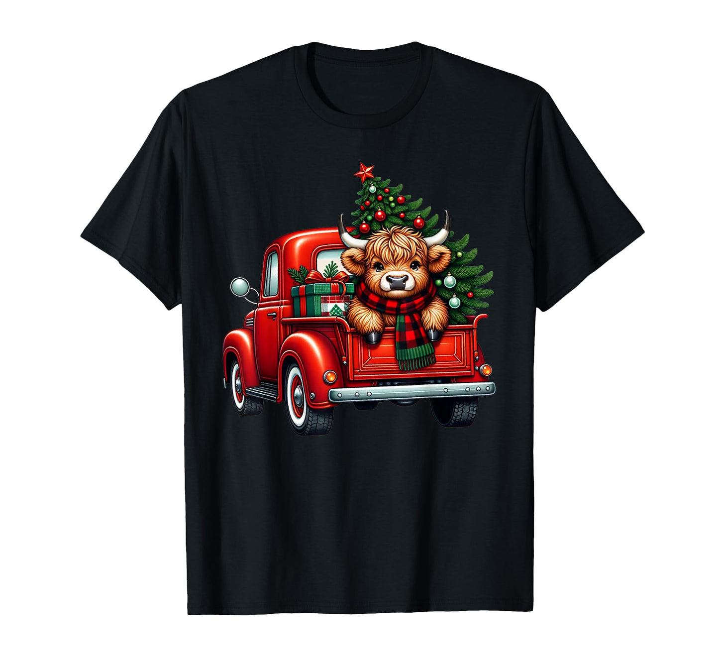 Highland Cow in Truck Farm Farmer Christmas Cow Car Truck T-Shirt