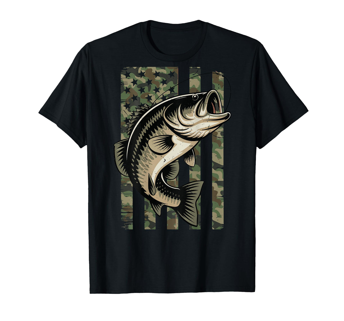 Youth Men Fishing Camo Bass Fish American Flag Patriotic Boy T-Shirt