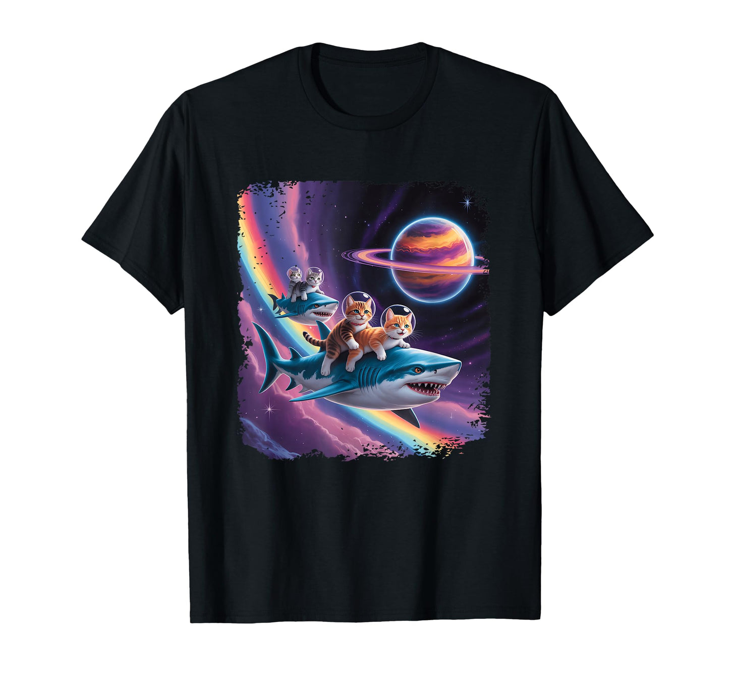 Rainbow Galaxy Cat Riding Shark in Space Sci-fi Space Planet T-Shirt