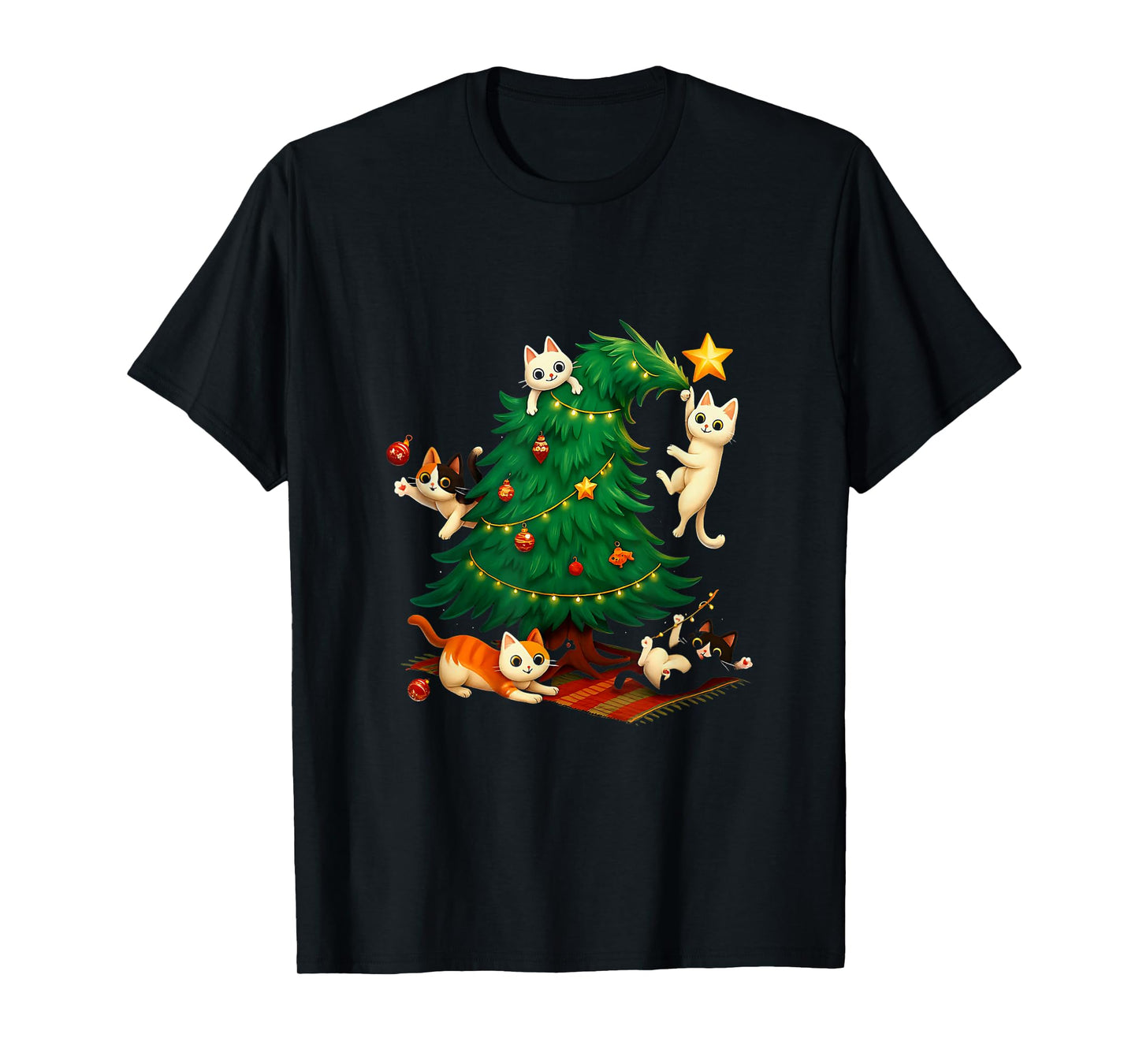 Funny Christmas Cats Climbing Tree Cute Cat Xmas Holiday T-Shirt