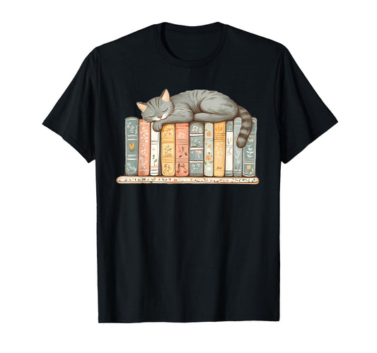 Cute Cat Sleeping On Books T-Shirt