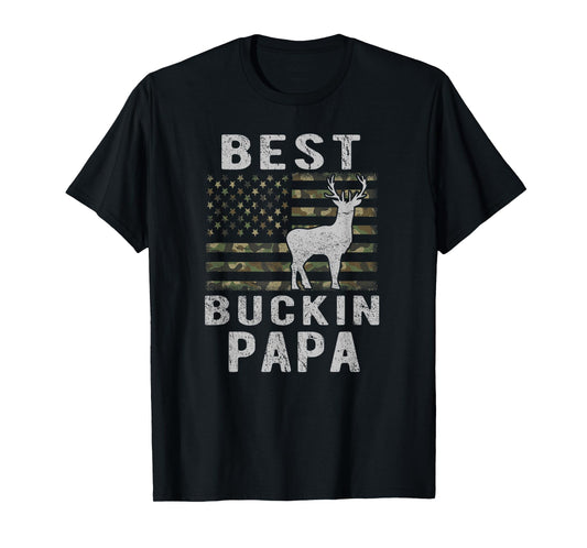 Best Bucking Papa Camouflage American Flag Deer Hunting T-Shirt