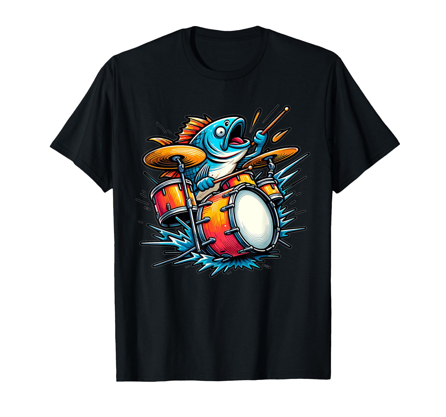 Funny Fishing Design, Fish Playing Drums T-Shirt