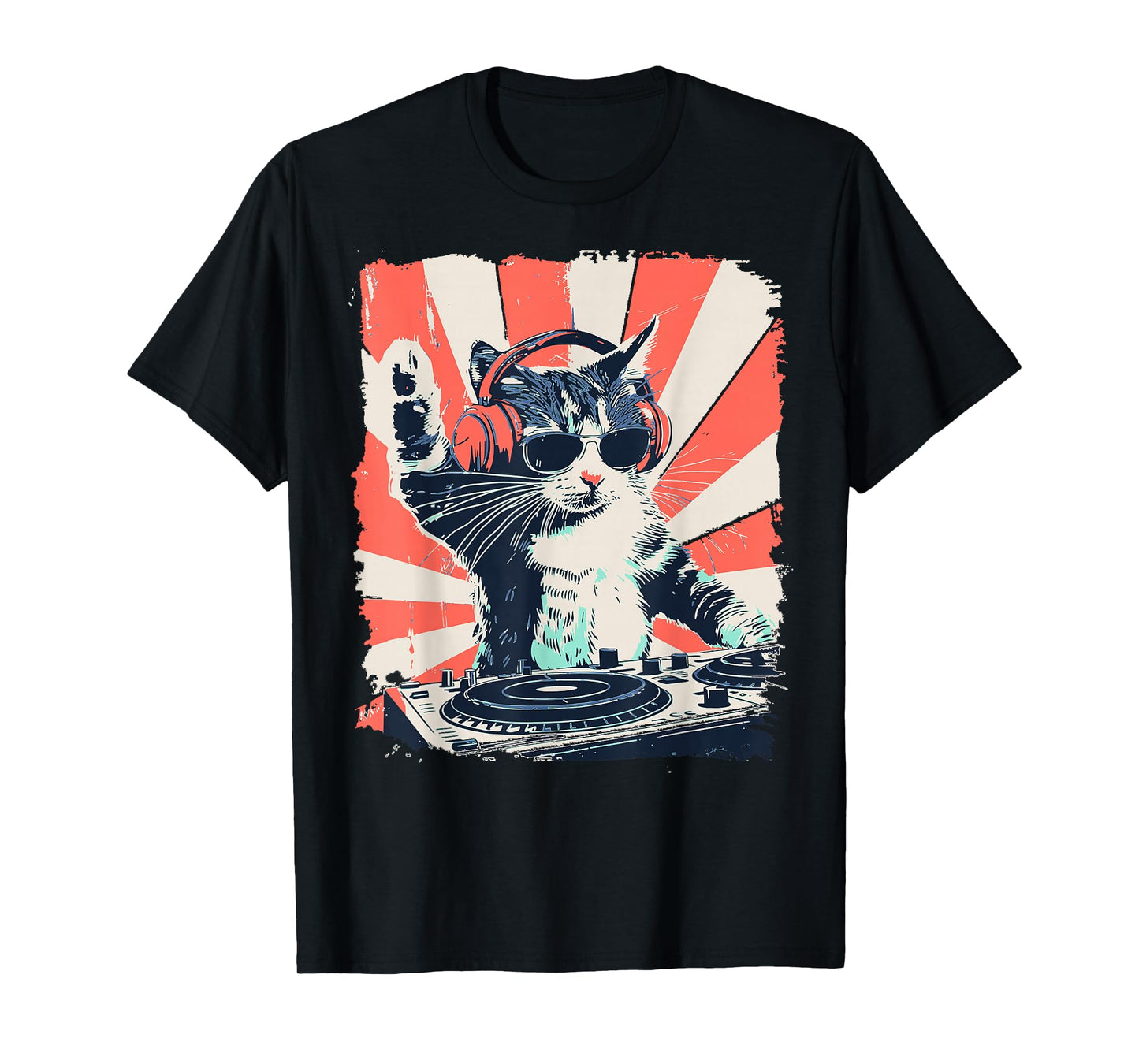 Funny DJ Cat with Headphones Retro Music Lover Art T-Shirt
