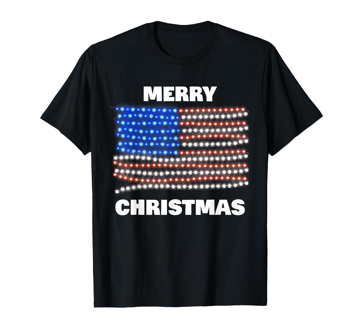 American USA Flag Patriotic Merry Christmas Xmas Lights Women Kids Men T-Shirt