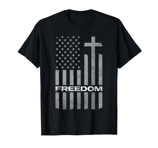 Freedom Distressed American Flag Cross Christian T-Shirt