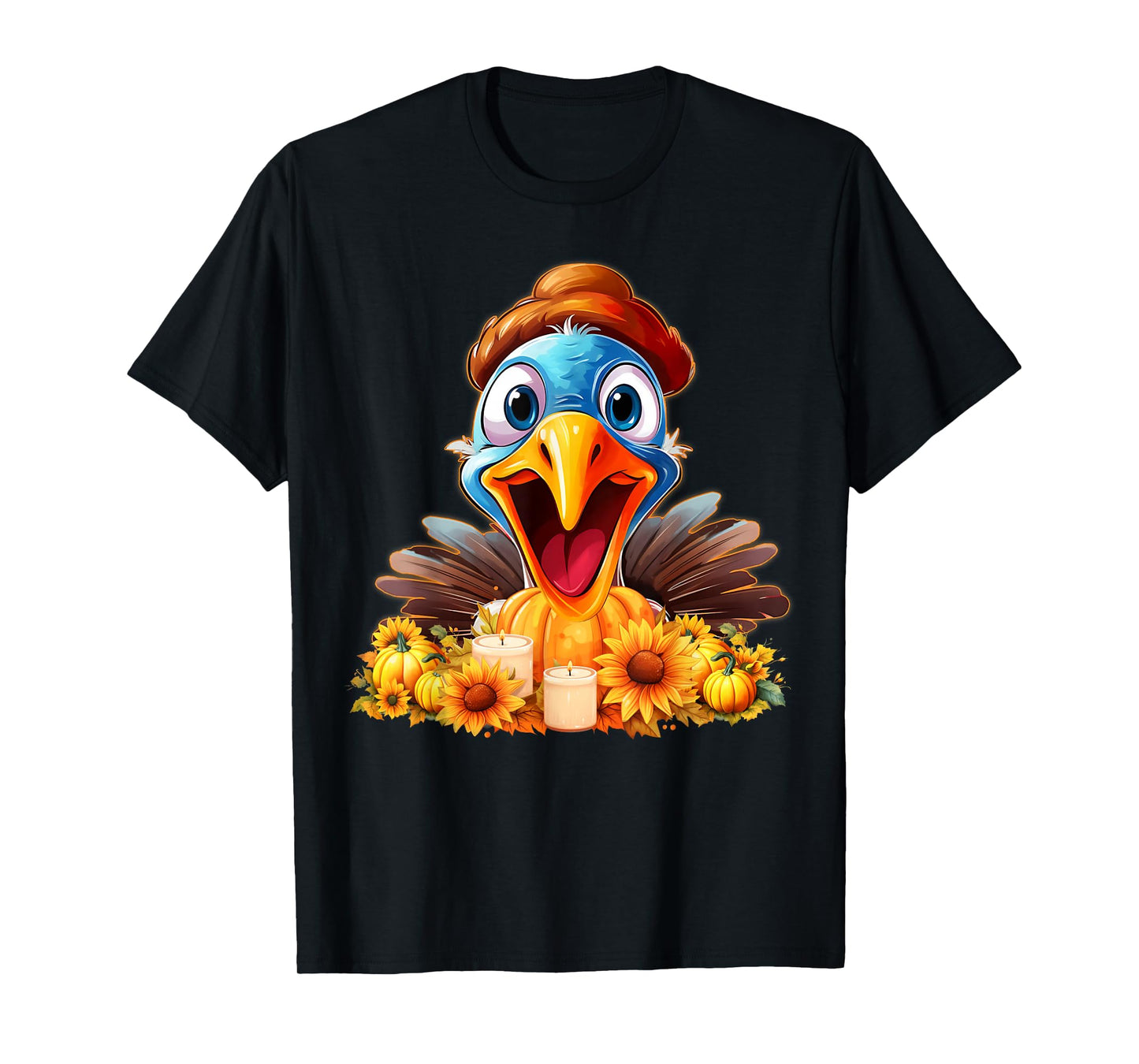 Cute Thanksgiving Turkey with Pumpkins & Sunflowe Girls Boys T-Shirt