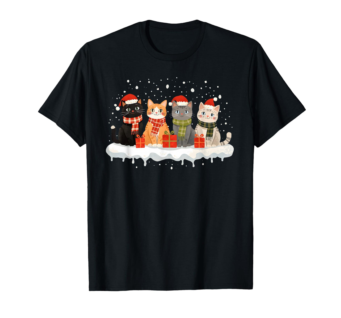 Cat Christmas Light Reindeer Santa Christmas Cat Lover Xmas T-Shirt