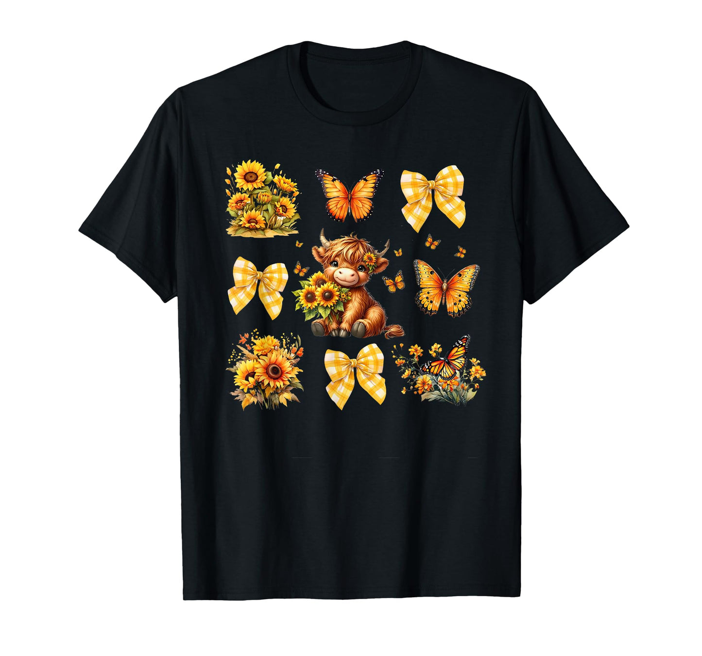 Baby Highland Cow With Sunflower Butterflies Farm Western T-Shirt