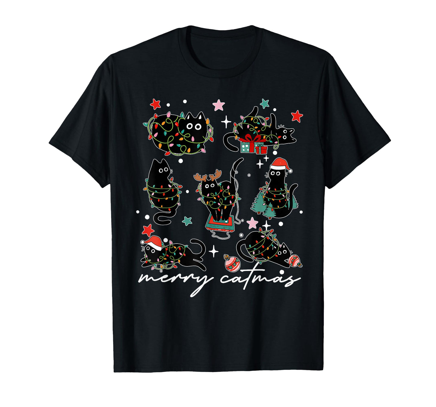 Cat Christmas Light Reindeer Santa Christmas Cat Lover T-Shirt