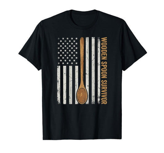 Wooden Spoon Survivor American Flag Funny Gen X (on Back) T-Shirt