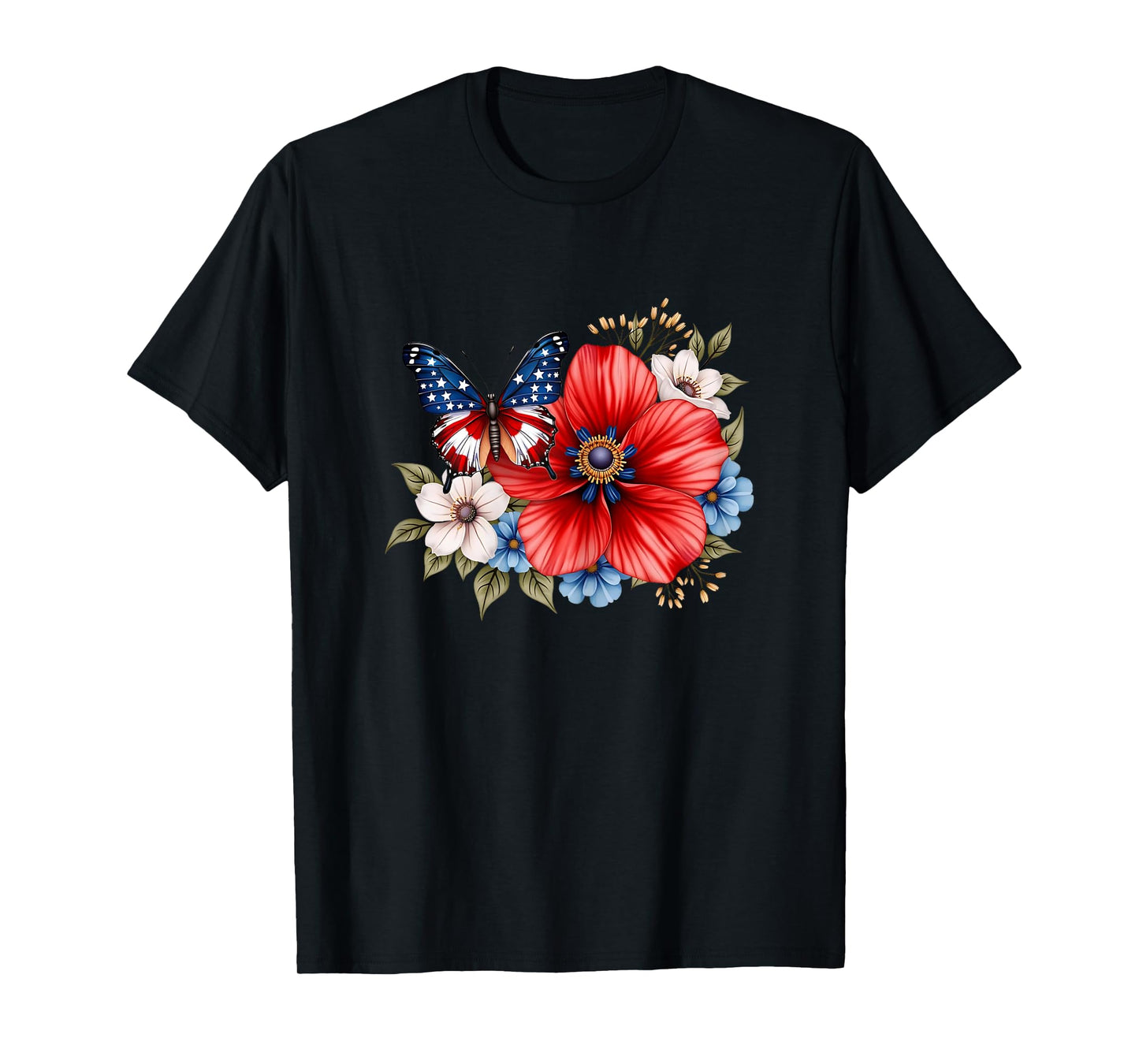 Butterfly Flowers American Flag 4th of July Women Girls T-Shirt