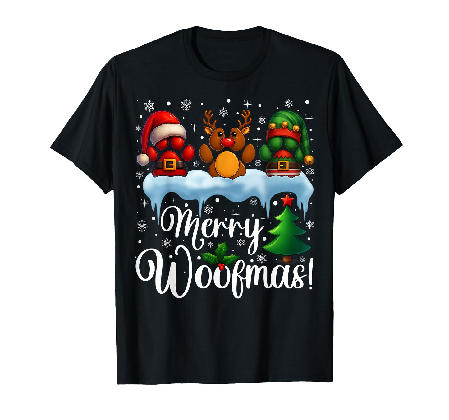 Merry Woofmas Xmas Santa Reindeer ELF Dog Paw Christmas T-Shirt