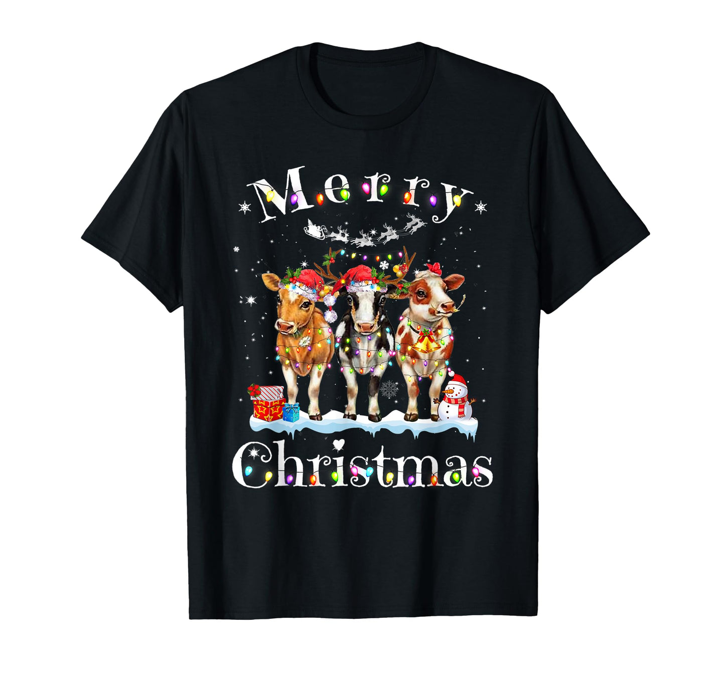 Cow Reindeer Hat Santa Christmas Lights Funny Cow Christmas T-Shirt