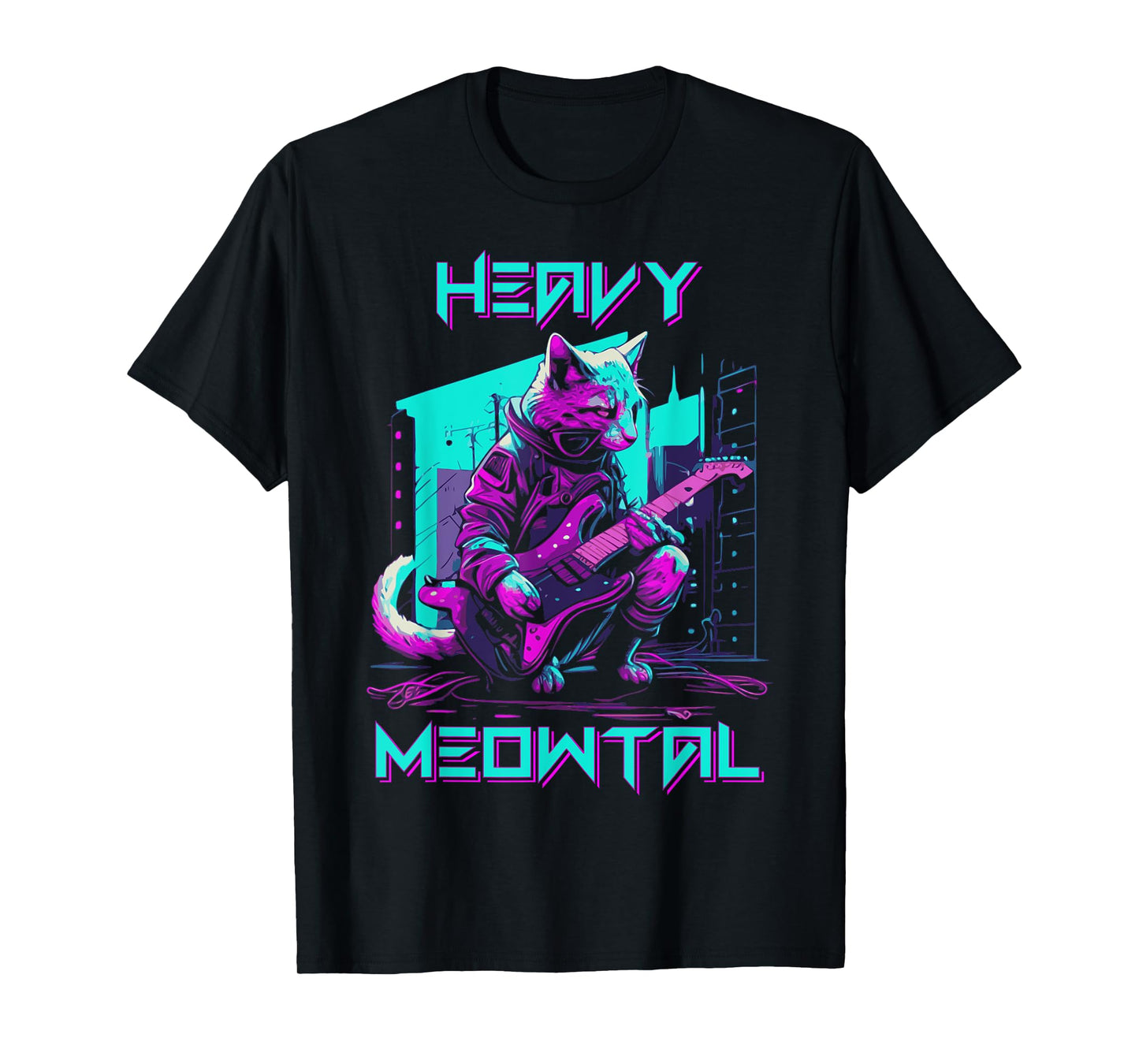 Vaporwave 80s Cat Playing Guitar Cyberpunk Meowtal T-Shirt