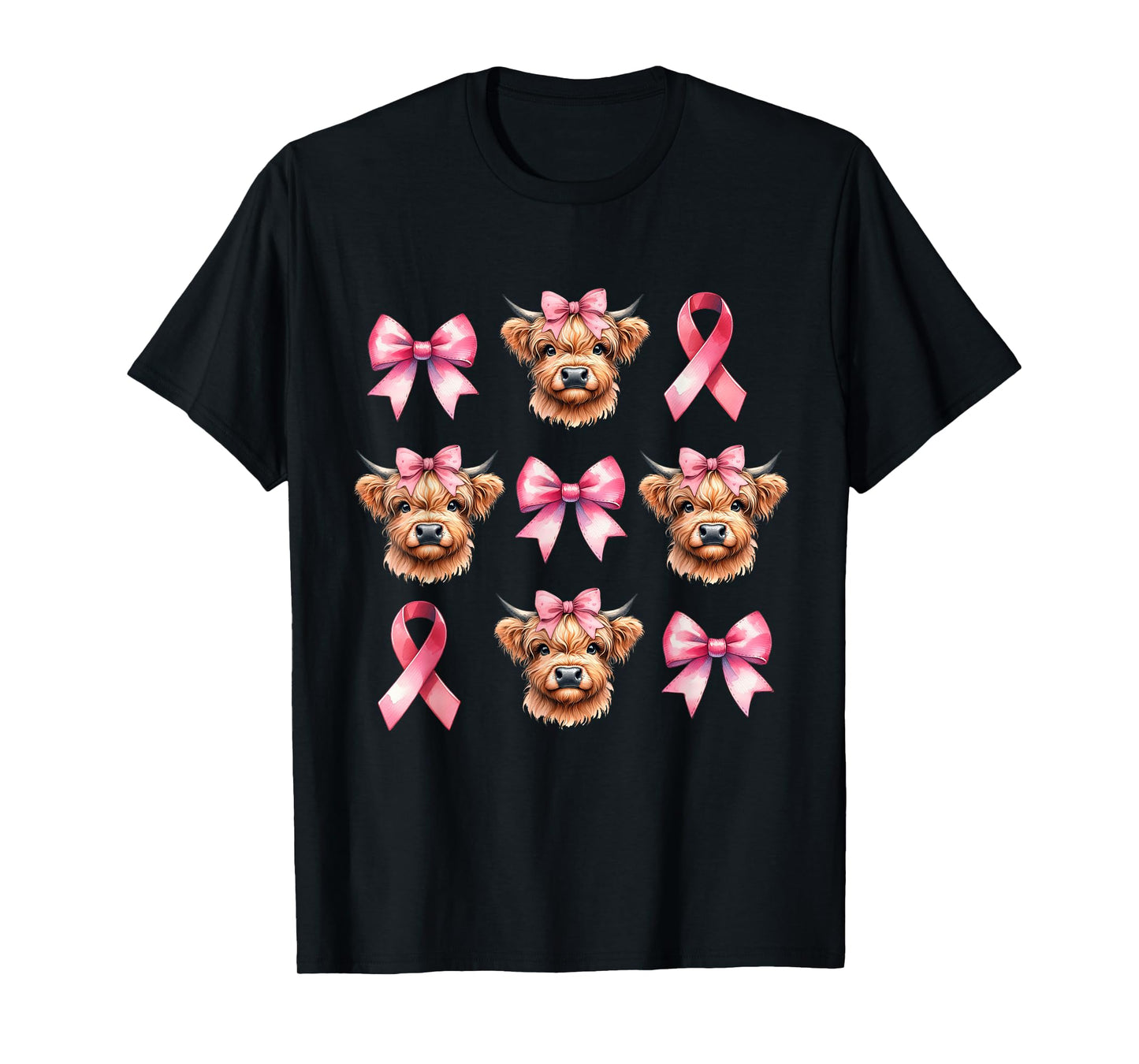 Coquette Bow Pink Ribbon Highland Cow Pink Breast Cancer T-Shirt