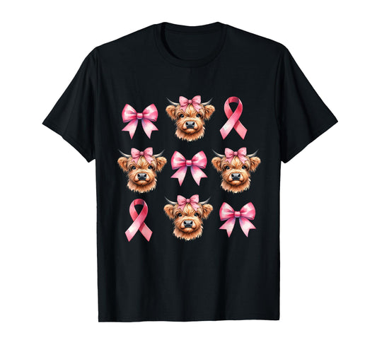 Coquette Bow Pink Ribbon Highland Cow Pink Breast Cancer T-Shirt