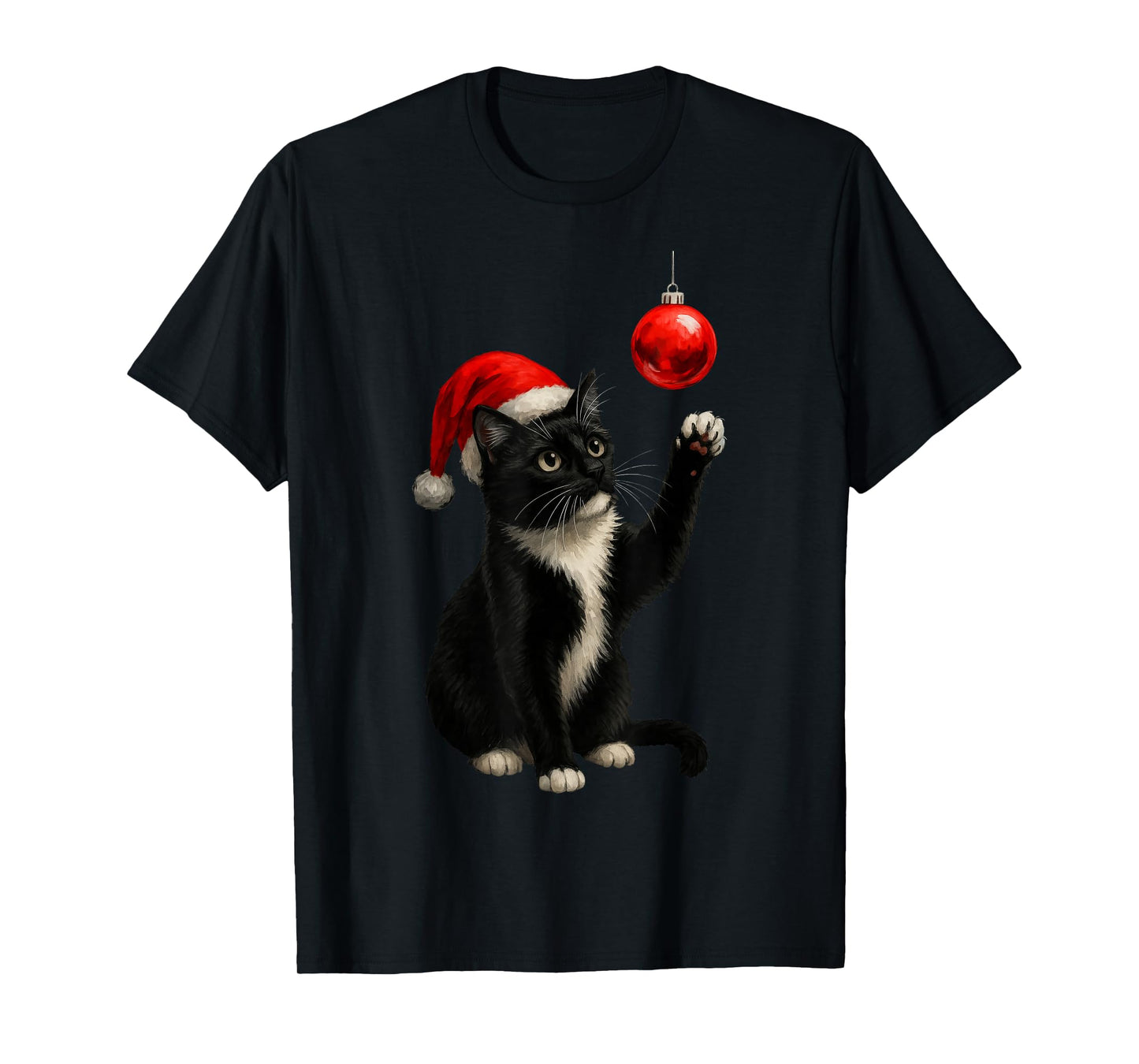 Funny Tuxedo Bauble Cat Santa Hat Red Xmas Christmas T-Shirt