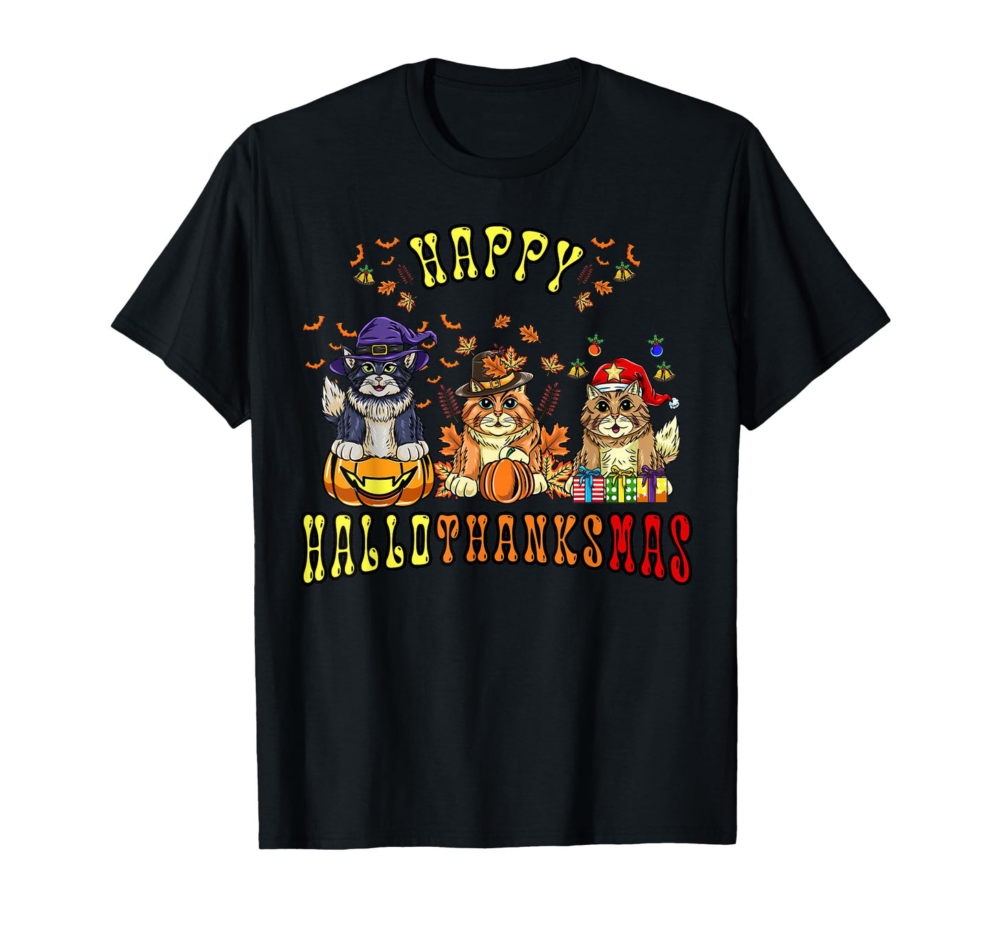 Happy Hallothanksmas Cats Halloween Thanksgiving Christmas T-Shirt