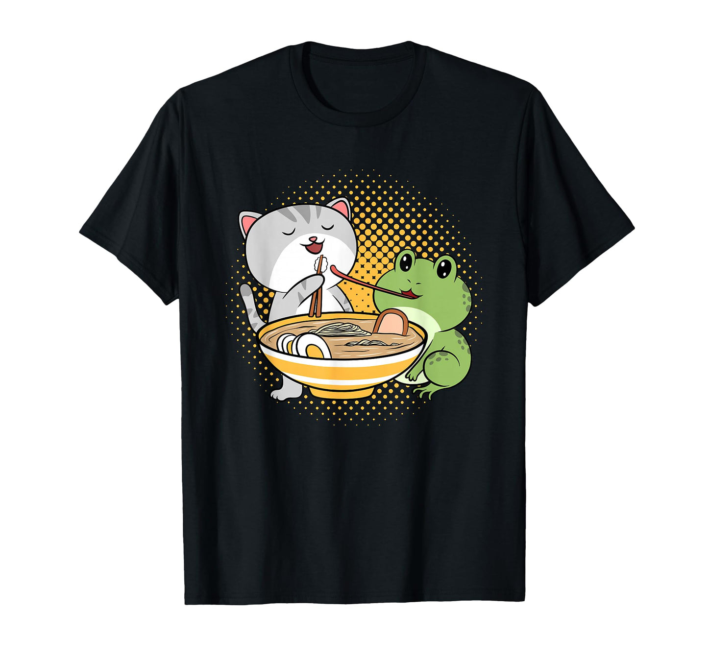 Kawaii Cat Eating Ramen Noodles Frog Otaku Manga Funny Anime T-Shirt