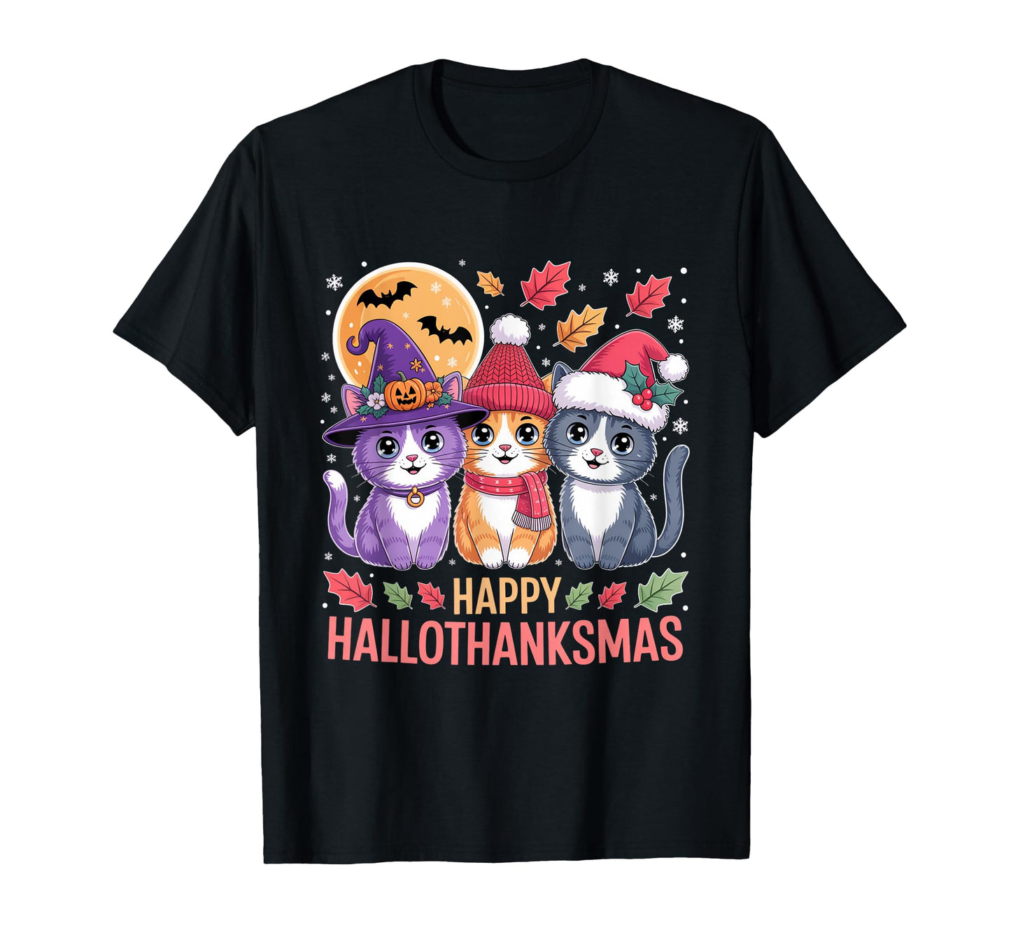 Halloween Cats Thanksgiving Christmas Happy HalloThanksMas T-Shirt
