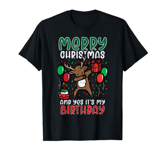 Merry Christmas Its My Birthday Reindeer Dab Xmas Bday Kids T-Shirt