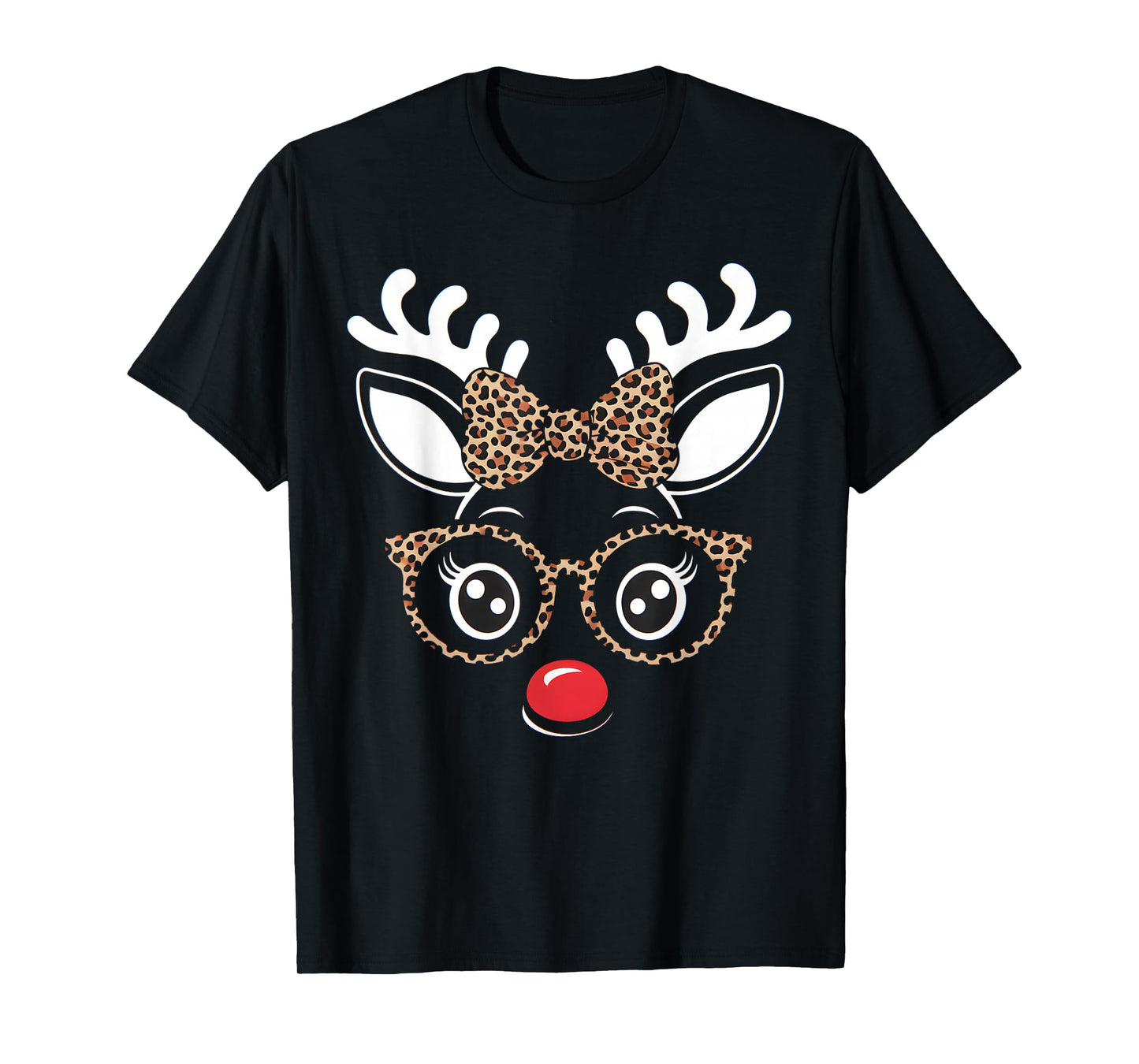 Christmas Reindeer Face Leopard Print Glasses Women Girls T-Shirt