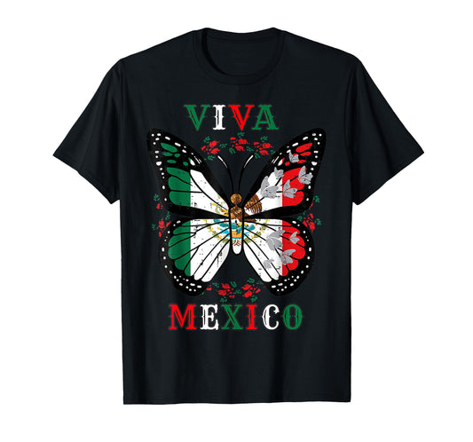 Viva Mexico Mexican Independence Day Butterfly Flag T-Shirt