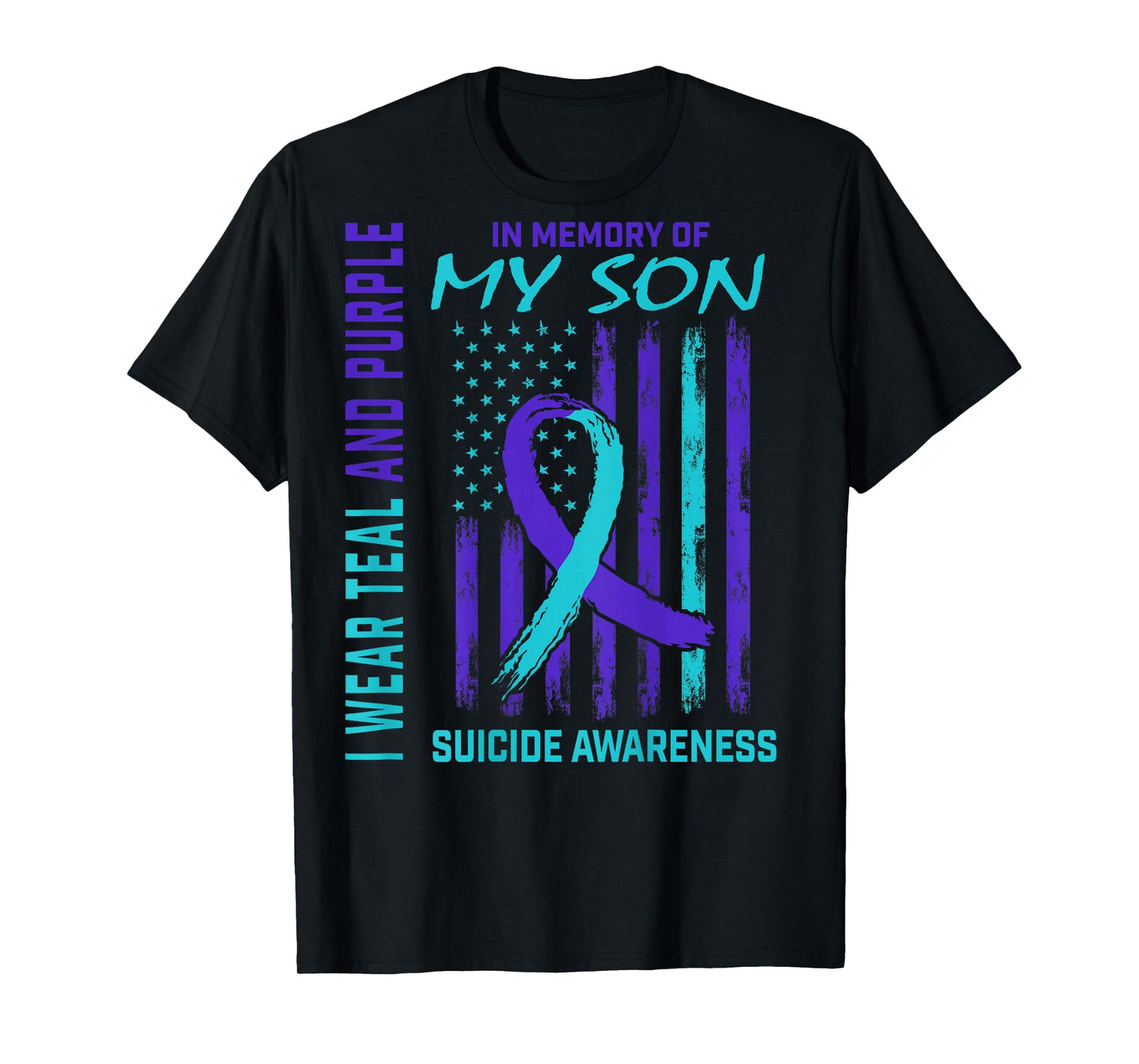 Teal Purple Ribbon Suicide Awareness USA Flag Son Back Print T-Shirt