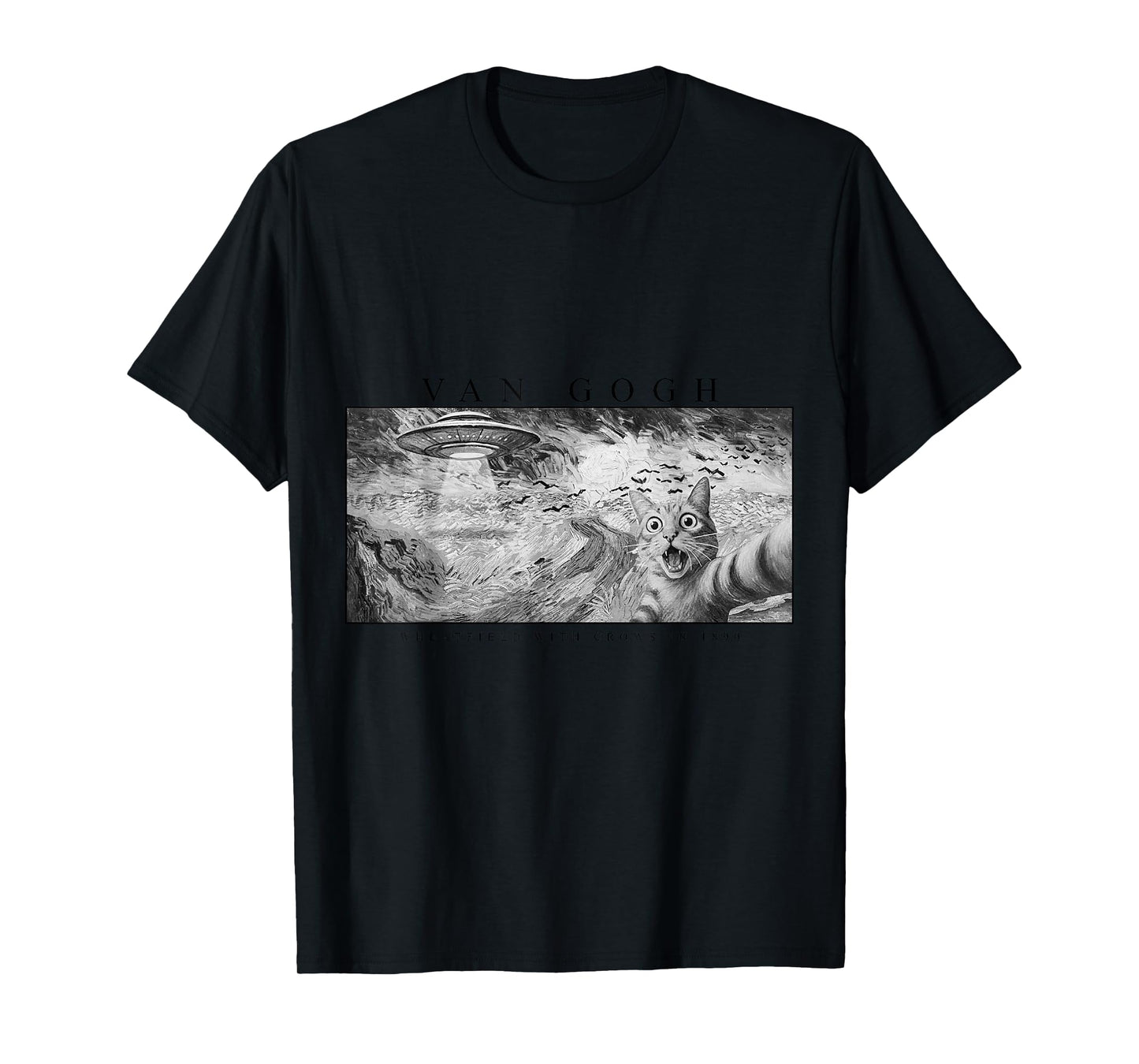 Funny Cat, Van Gogh Cat Selfie with Alien UFO in Wheatfield T-Shirt